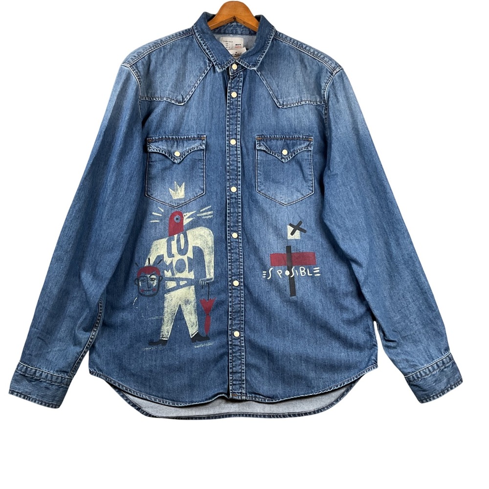 Zara Man Denim Shirt Mens Large Blue Milicia Grafica Limited Edition Graphic